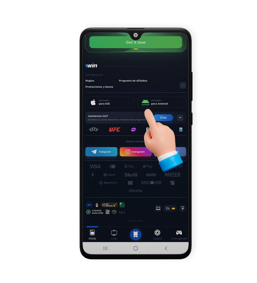 Sección app móvil en la página oficial de 1win México, paso 1.